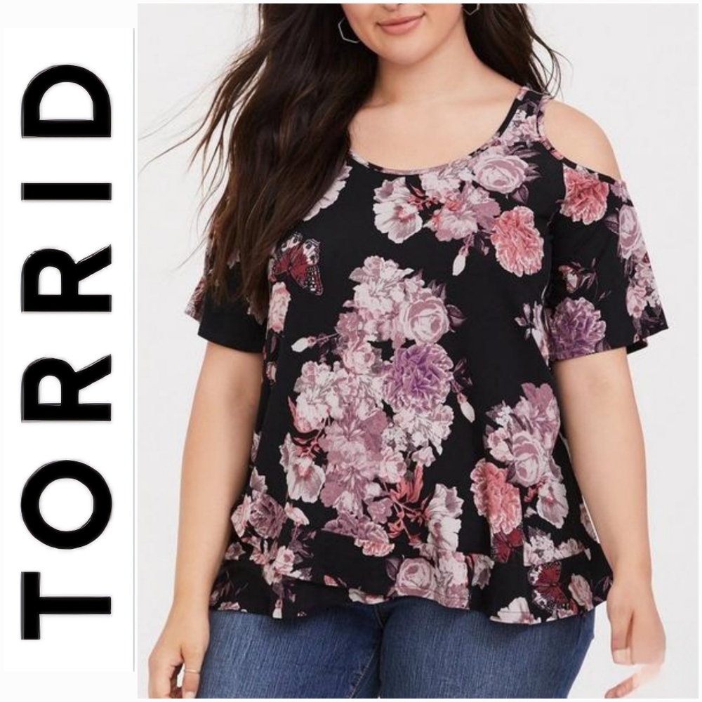 Torrid Super Soft Scoop Neck Cold Shoulder Top Purple Floral Black 3X NWOT